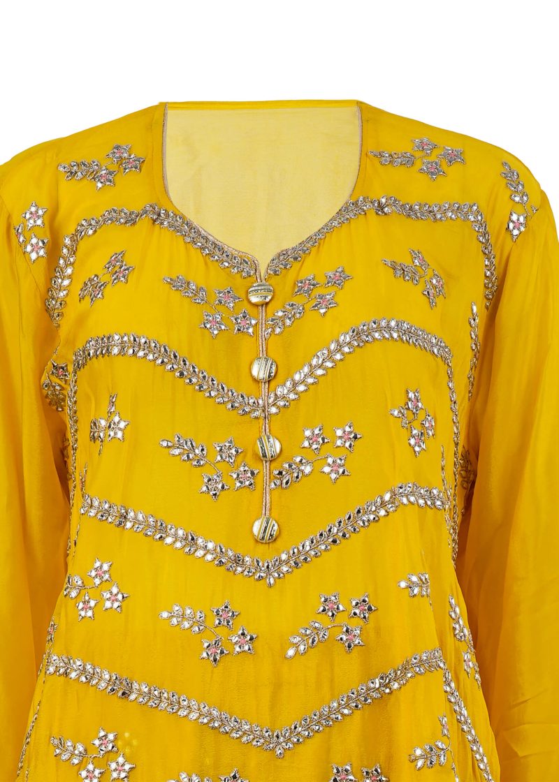 INDO WESTERN | Yellow | Semi Stitched | Party Wear | Gown Set | 3 Pc Set