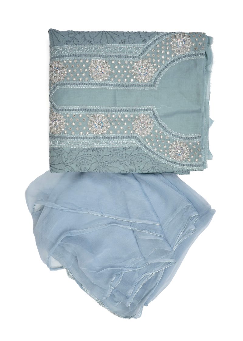 Maysarah Lucknowi | Grey | Unstitched | Festival Wear | Cotton | Kurtadupatta | 2 pc set