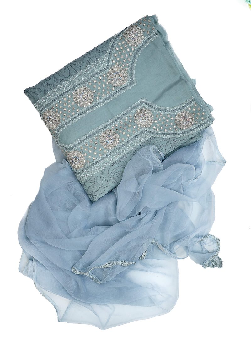 Maysarah Lucknowi | Grey | Unstitched | Festival Wear | Cotton | Kurtadupatta | 2 pc set