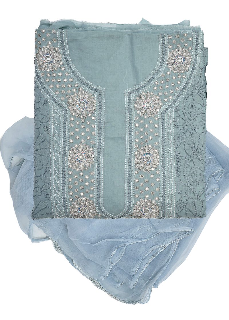 Maysarah Lucknowi | Grey | Unstitched | Festival Wear | Cotton | Kurtadupatta | 2 pc set