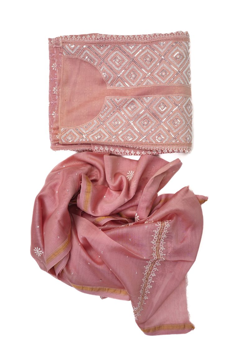 Maysarah Lucknowi | Pink Peach | Stitched | Festival Wear | Pure Chanderi Silk | Kurta Dupatta | 1 pc set
