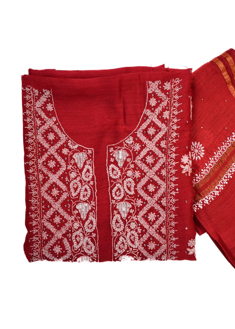 Maysarah Lucknowi | Red | Unstitched | Kurta dupatta | Festival Wear | 2 pc set.