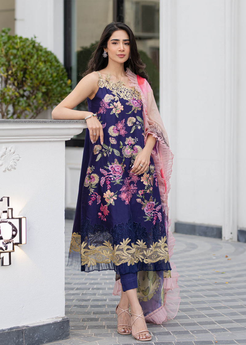 Asifa & Nabeel Lawn | Navy Blue | Unstitched | Party wear | Digital printed dupatta on polly silk | WHIMSICAL RRL-05