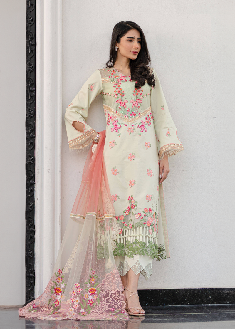 Asifa & Nabeel Lawn | Tea Green | Unstitched | Party wear | Digital printed dupatta on polly silk | SERENE RRL-07