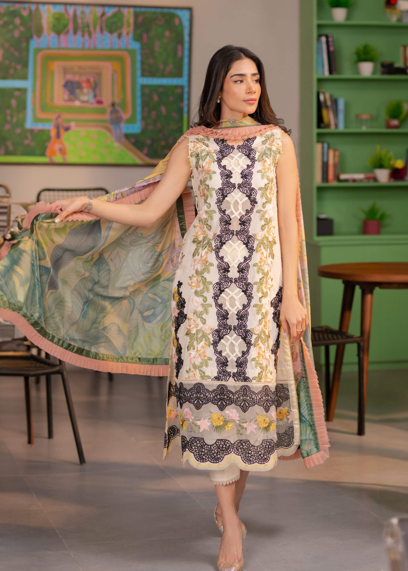 Asifa & Nabeel Lawn | White | Unstitched | Party wear | Digital printed dupatta on polly silk | MYSTIQUE RRL-09