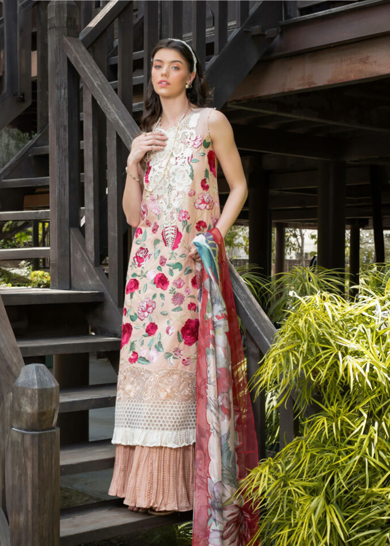 Asifa & Nabeel Lawn | Peach | Unstitched | Party wear | Digital printed dupatta on polly silk | BOTANICA RRL-10