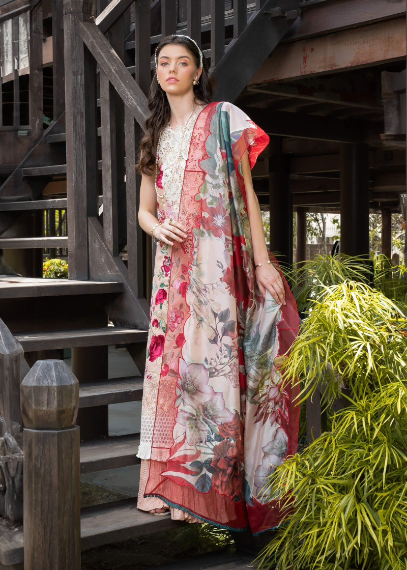 Asifa & Nabeel Lawn | Peach | Unstitched | Party wear | Digital printed dupatta on polly silk | BOTANICA RRL-10