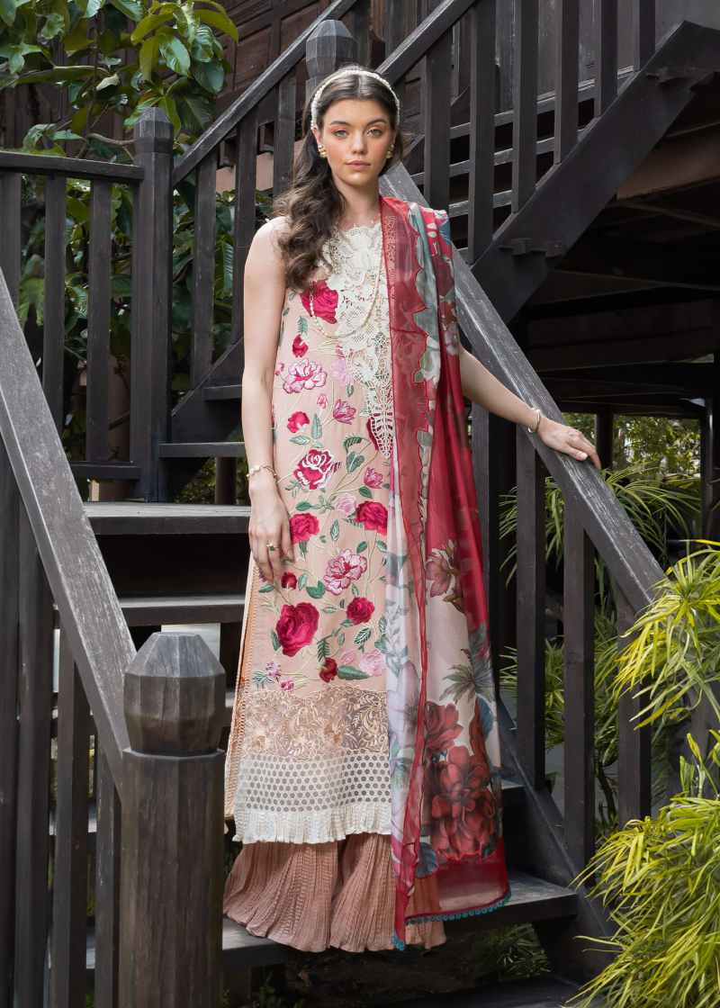 Asifa & Nabeel Lawn | Peach | Unstitched | Party wear | Digital printed dupatta on polly silk | BOTANICA RRL-10
