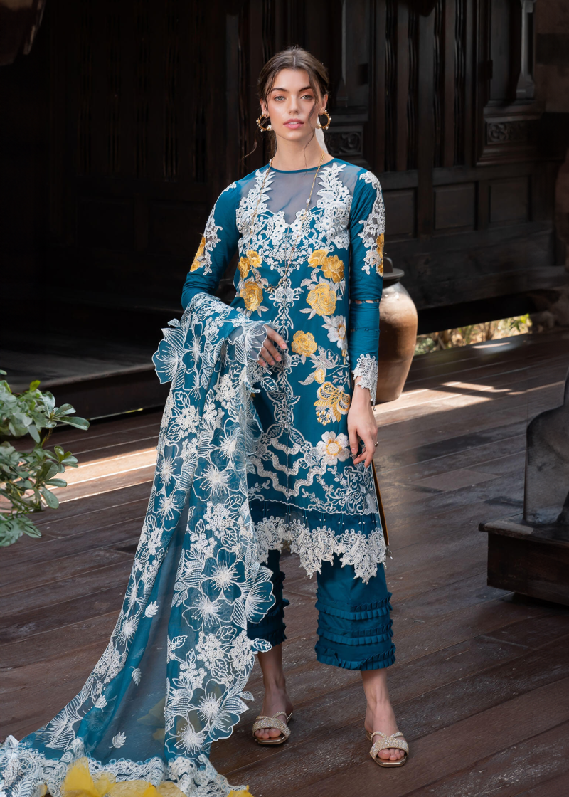 Asifa & Nabeel Lawn | Teal Green | Unstitched | Party wear | Digital printed dupatta on polly silk | FLORA RRL-11