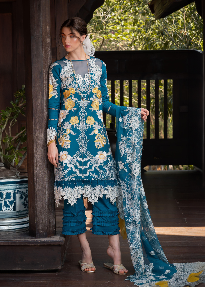 Asifa & Nabeel Lawn | Teal Green | Unstitched | Party wear | Digital printed dupatta on polly silk | FLORA RRL-11