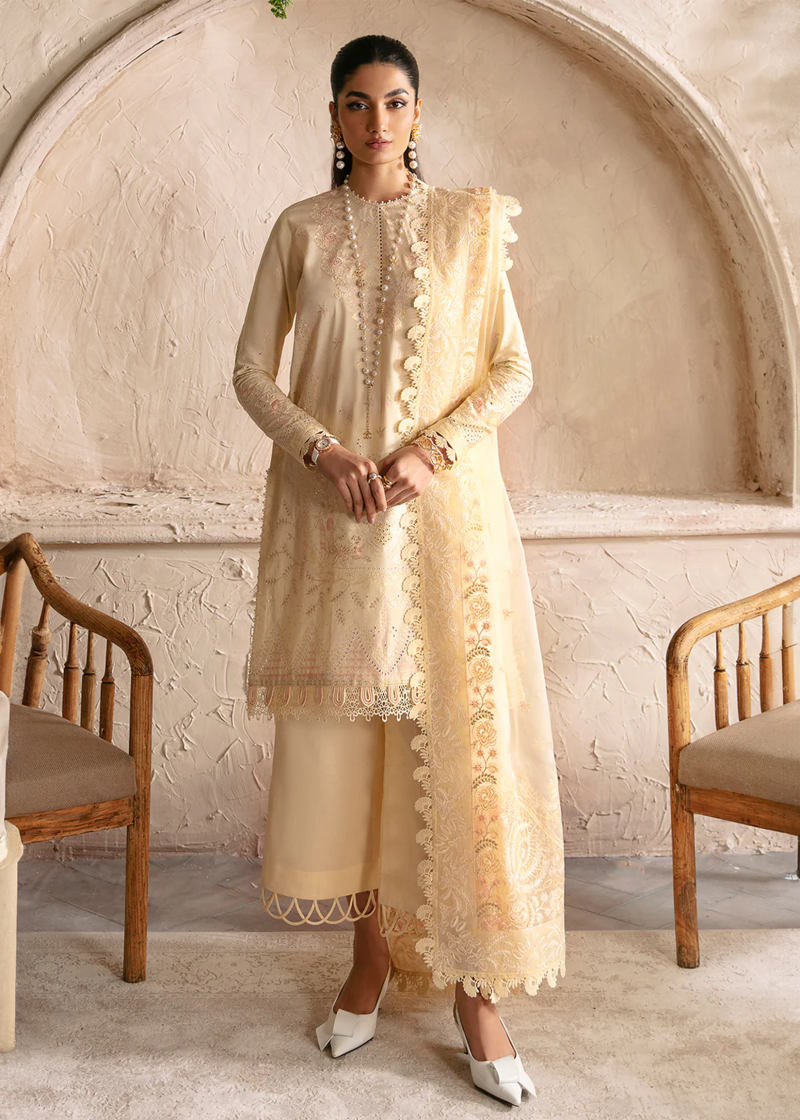 Afrozeh CASCADE Luxury Lawn | Yellow | Unstitched | Party wear | Organza embroidered Dupatta | Claire 668