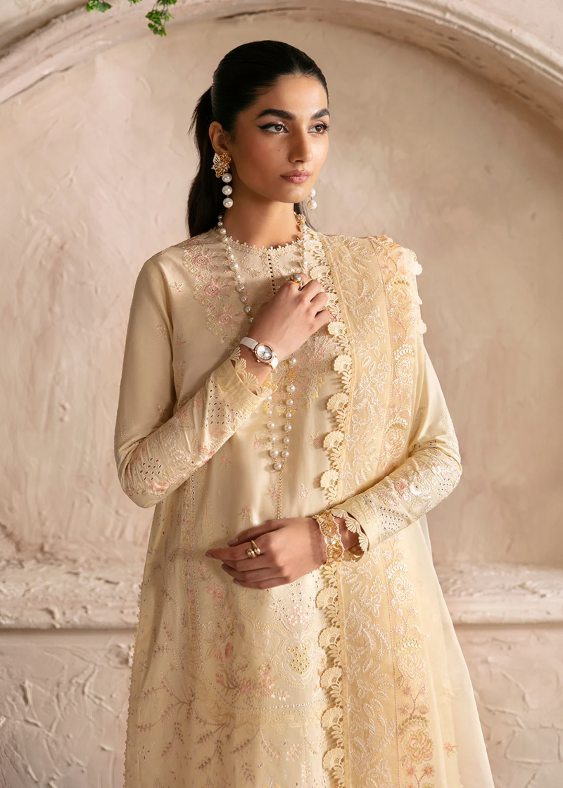 Afrozeh CASCADE Luxury Lawn | Yellow | Unstitched | Party wear | Organza embroidered Dupatta | Claire 668