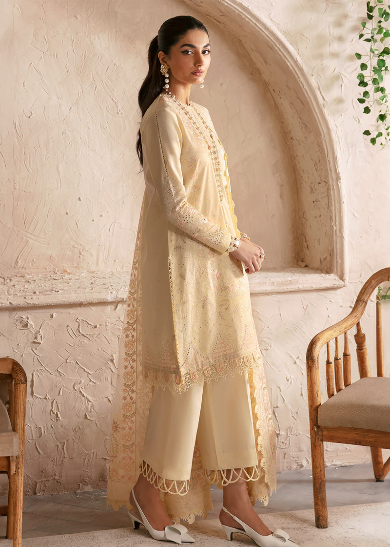 Afrozeh CASCADE Luxury Lawn | Yellow | Unstitched | Party wear | Organza embroidered Dupatta | Claire 668