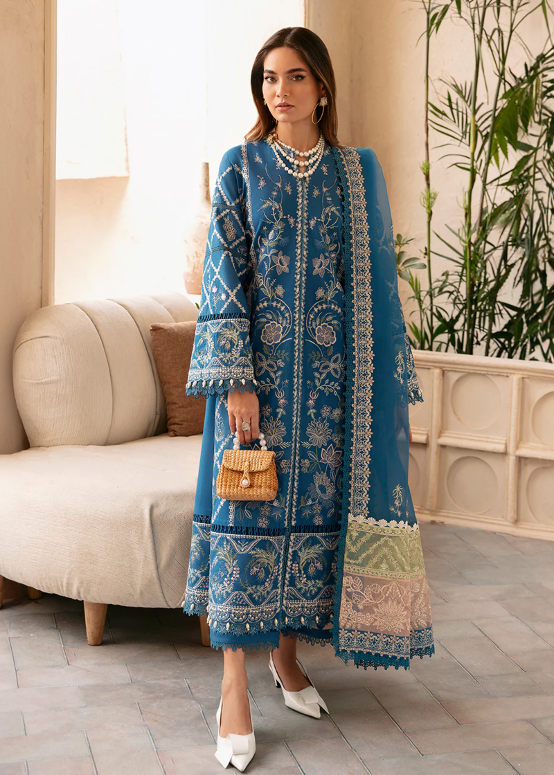 Afrozeh CASCADE Luxury Lawn | Blue | Unstitched | Party wear | Organza embroidered Dupatta | Amelia 666