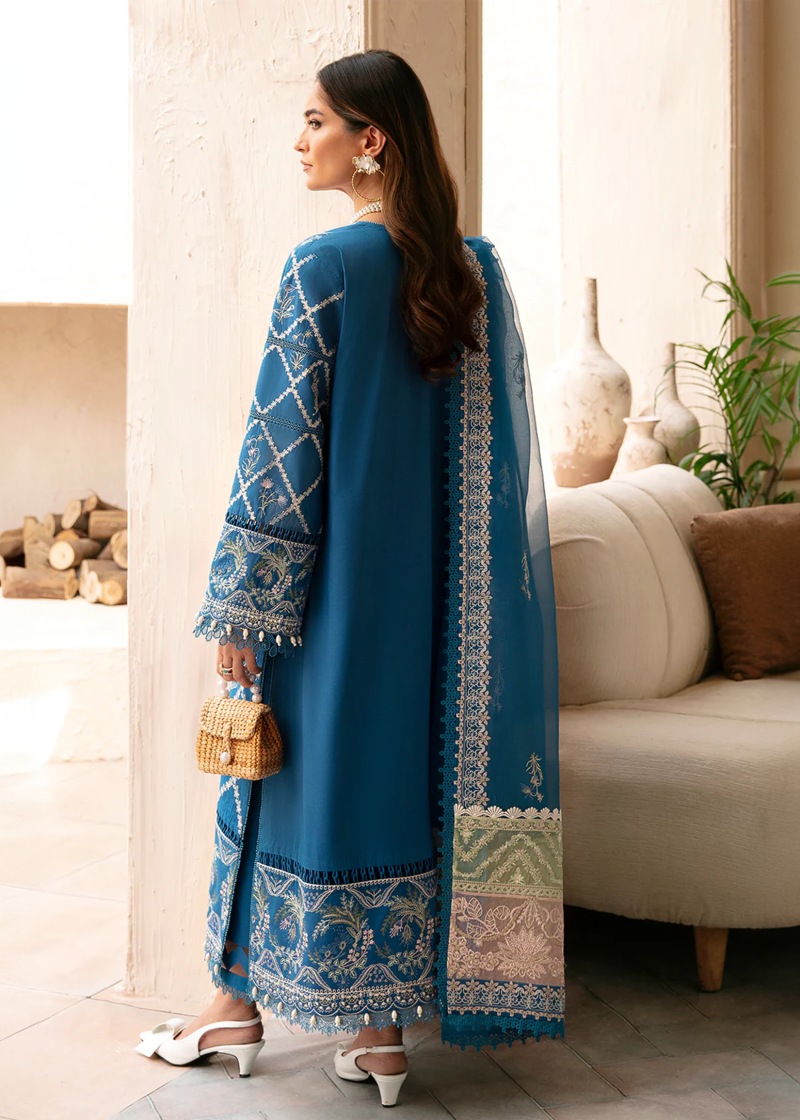 Afrozeh CASCADE Luxury Lawn | Blue | Unstitched | Party wear | Organza embroidered Dupatta | Amelia 666