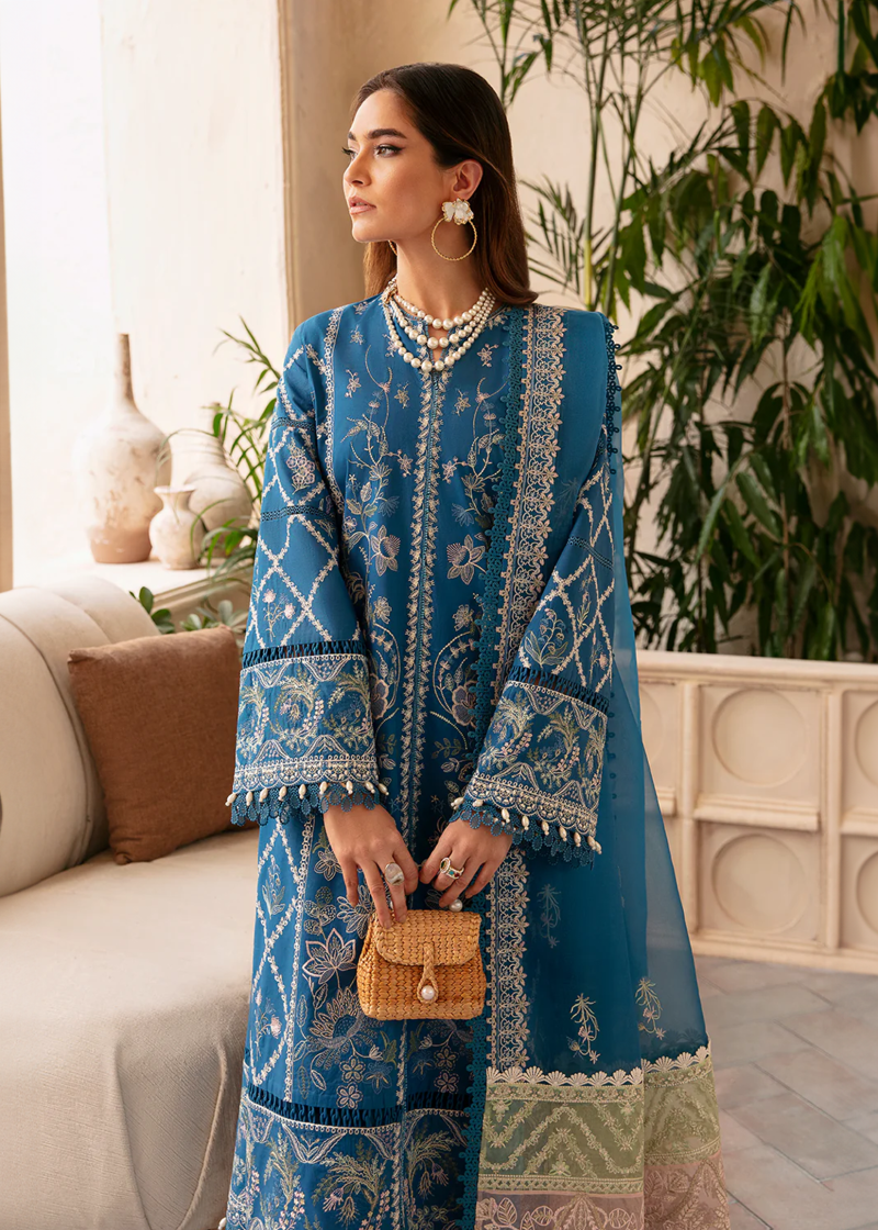 Afrozeh CASCADE Luxury Lawn | Blue | Unstitched | Party wear | Organza embroidered Dupatta | Amelia 666