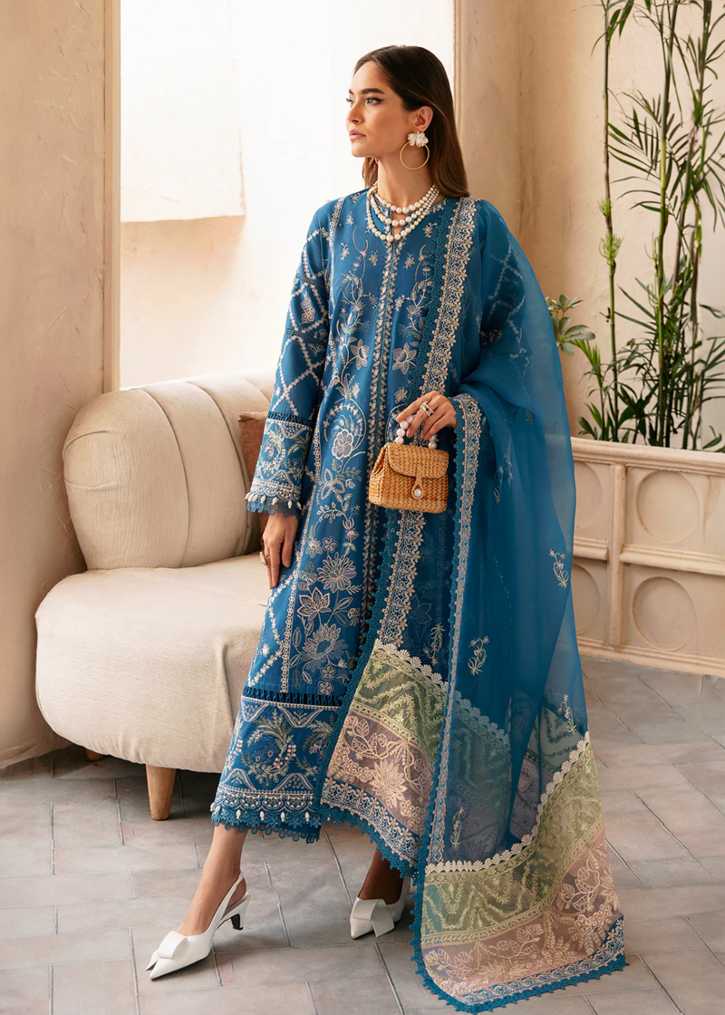 Afrozeh CASCADE Luxury Lawn | Blue | Unstitched | Party wear | Organza embroidered Dupatta | Amelia 666