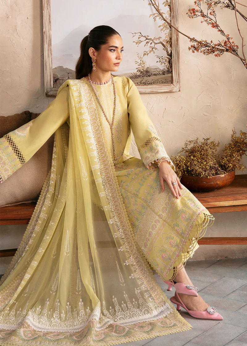 Afrozeh CASCADE Luxury Lawn | Lime | Unstitched | Party wear | Organza embroidered Dupatta | Liliana 662