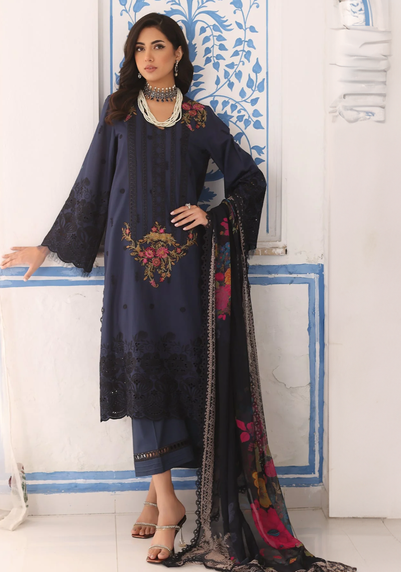Charizma TABEER Lawn | Navy Blue | Unstitched | Party wear | Printed Chiffon Dupatta | CT4-05
