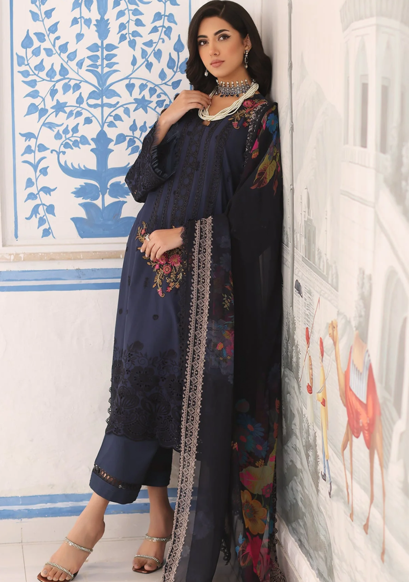 Charizma TABEER Lawn | Navy Blue | Unstitched | Party wear | Printed Chiffon Dupatta | CT4-05
