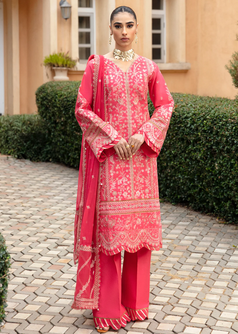 Gulaal Luxury Lawn | Coral Pink | Unstitched | Party wear | Chiffon Dupatta embroidered | ALESSIA GL-LL-24V1-06