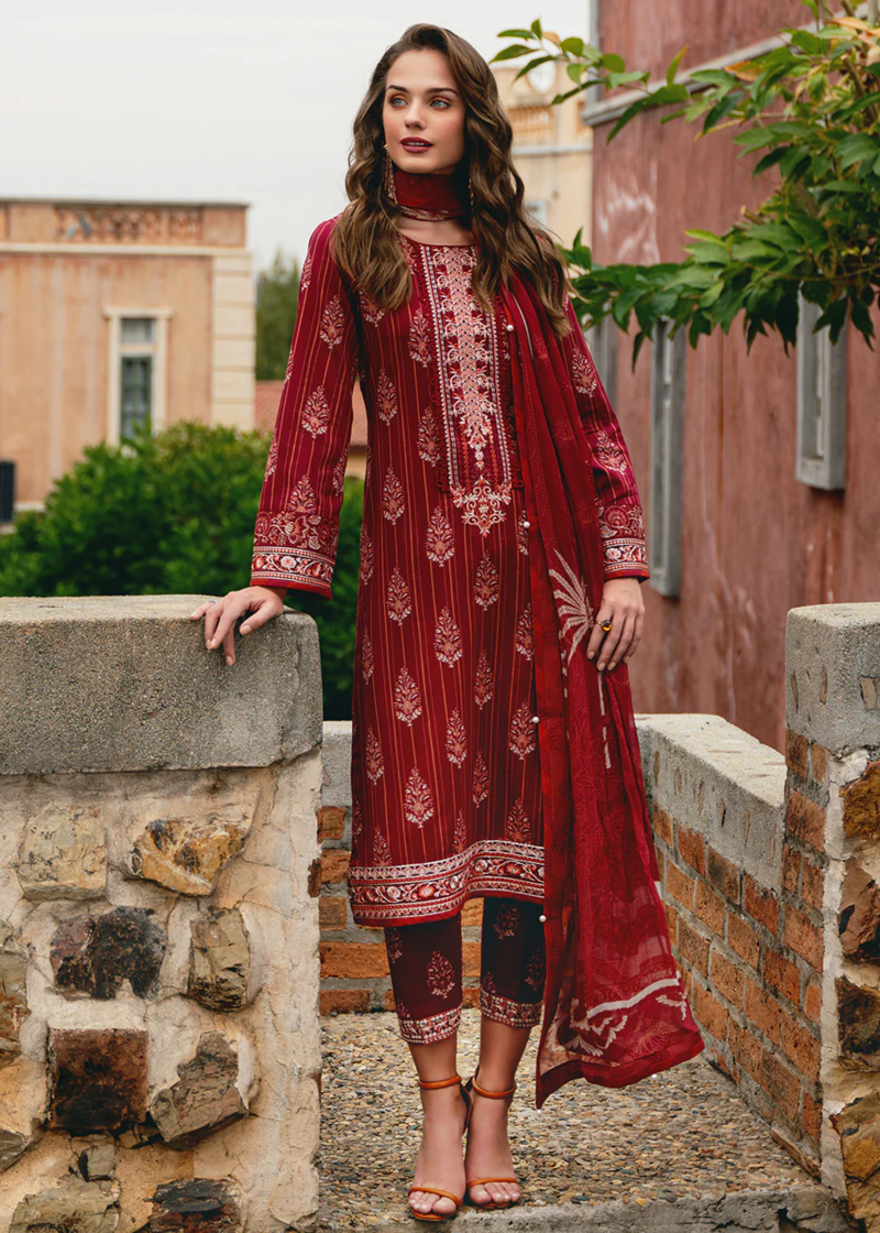 Gulaal Luxury Lawn | Maroon | Unstitched | Party wear | Chiffon Dupatta embroidered | VEZELAY GL-L-24V2-08