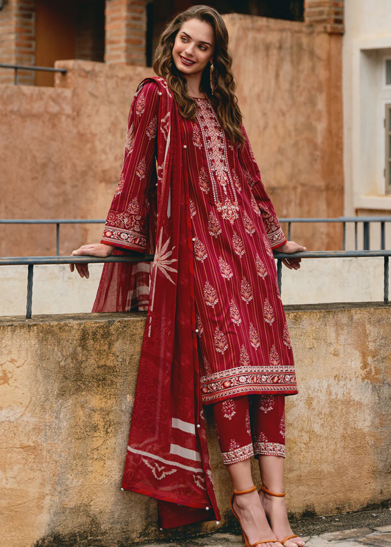 Gulaal Luxury Lawn | Maroon | Unstitched | Party wear | Chiffon Dupatta embroidered | VEZELAY GL-L-24V2-08