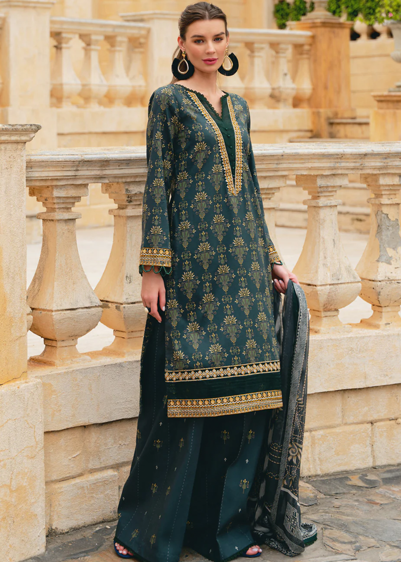 Gulaal Luxury Lawn | Dark Green | Unstitched | Party wear | Chiffon Dupatta embroidered | VILLENA GL-L-24V2-09
