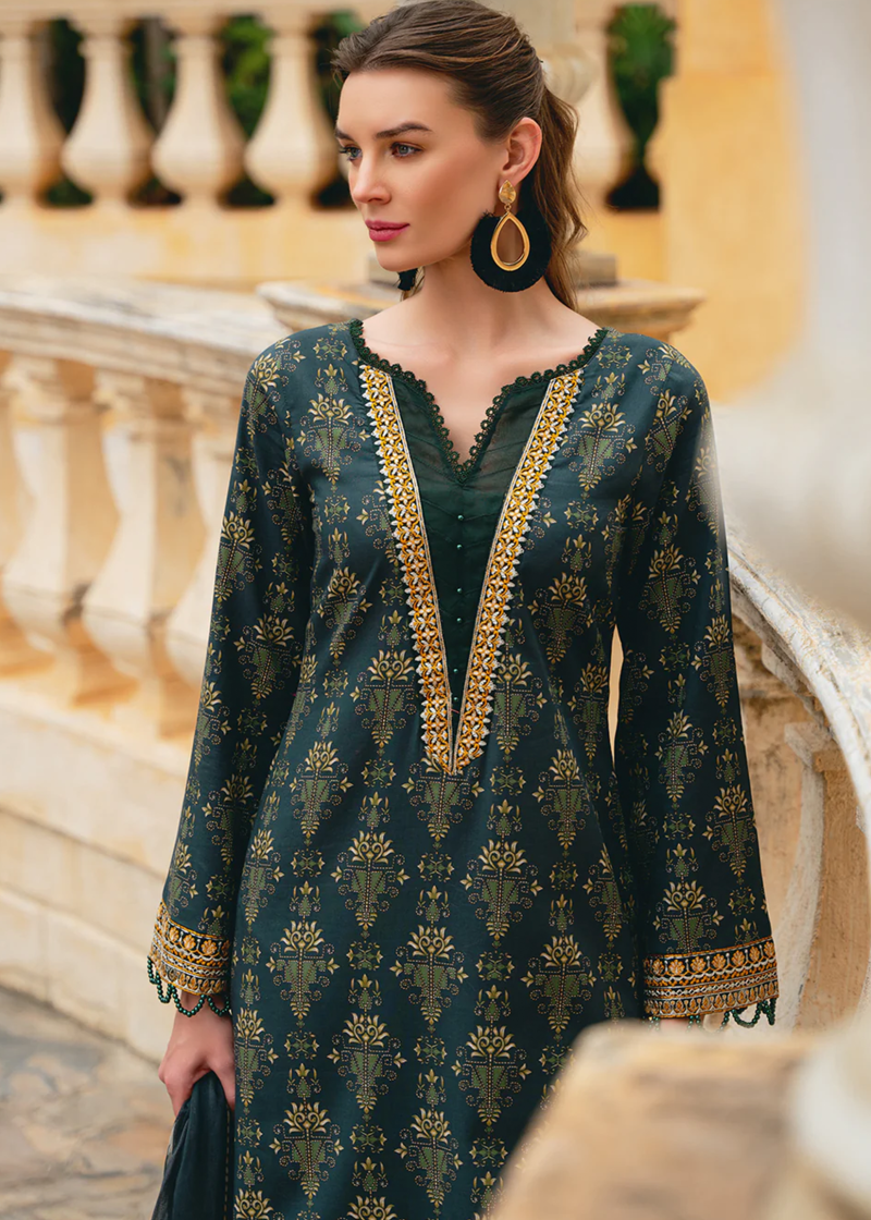 Gulaal Luxury Lawn | Dark Green | Unstitched | Party wear | Chiffon Dupatta embroidered | VILLENA GL-L-24V2-09