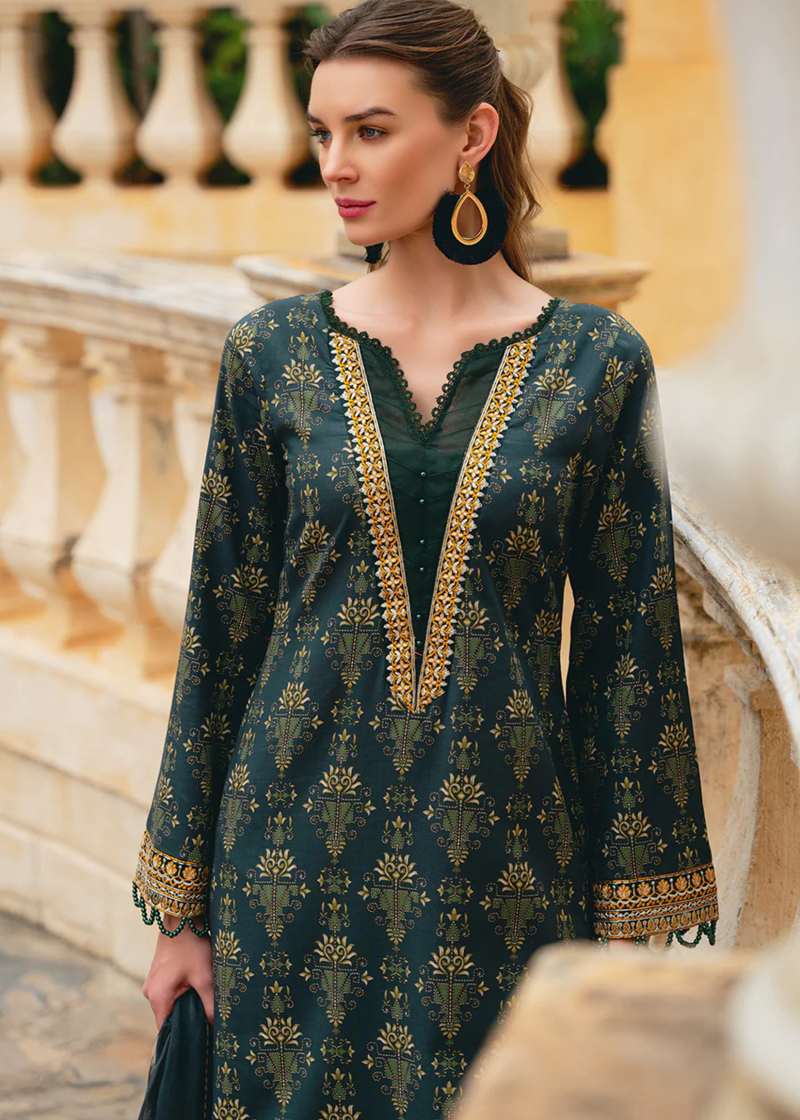 Gulaal Luxury Lawn | Dark Green | Unstitched | Party wear | Chiffon Dupatta embroidered | VILLENA GL-L-24V2-09