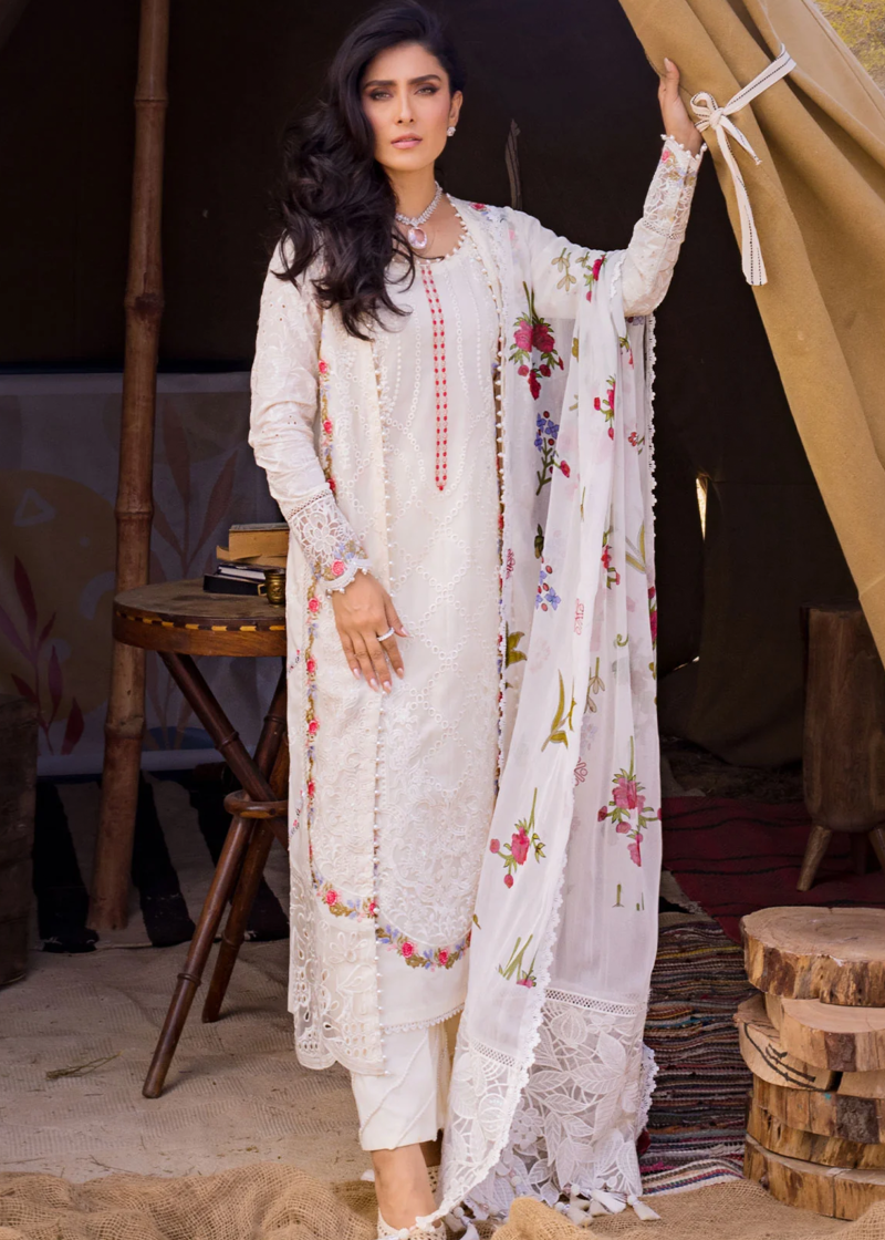 Al Zohaib | Mahiymaan Luxury Lawn | Cream | Unstitched | Party wear | Digital printed silk dupatta | Pristine Flair M-03