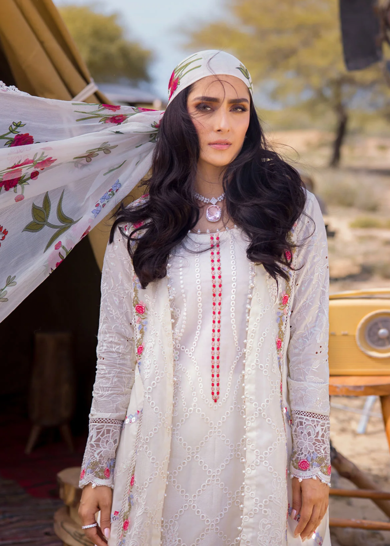 Al Zohaib | Mahiymaan Luxury Lawn | Cream | Unstitched | Party wear | Digital printed silk dupatta | Pristine Flair M-03