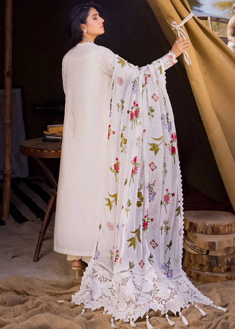 Al Zohaib | Mahiymaan Luxury Lawn | Cream | Unstitched | Party wear | Digital printed silk dupatta | Pristine Flair M-03