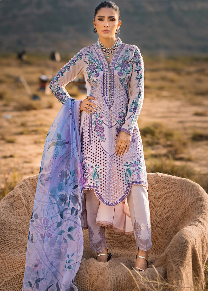 Al Zohaib | Mahiymaan Luxury Lawn | Light Purple | Unstitched | Party wear | Digital printed silk dupatta | Lavender Mist M-06