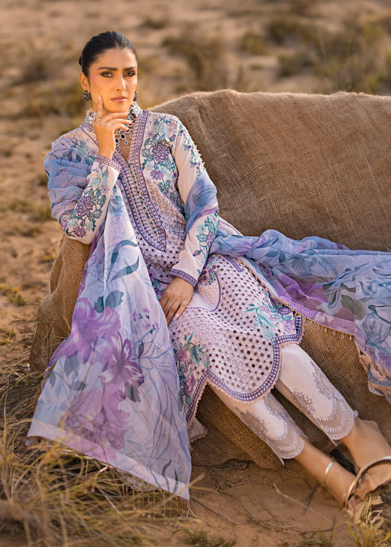 Al Zohaib | Mahiymaan Luxury Lawn | Light Purple | Unstitched | Party wear | Digital printed silk dupatta | Lavender Mist M-06