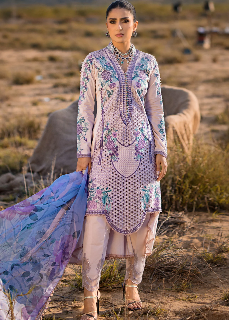 Al Zohaib | Mahiymaan Luxury Lawn | Light Purple | Unstitched | Party wear | Digital printed silk dupatta | Lavender Mist M-06