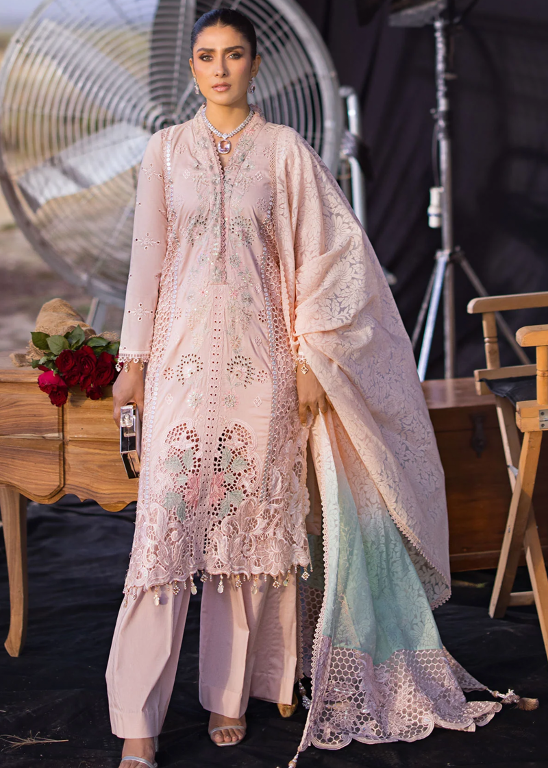 Al Zohaib | Mahiymaan Luxury Lawn | Pink | Unstitched | Party wear | Digital printed silk dupatta | Rose Gold M-07