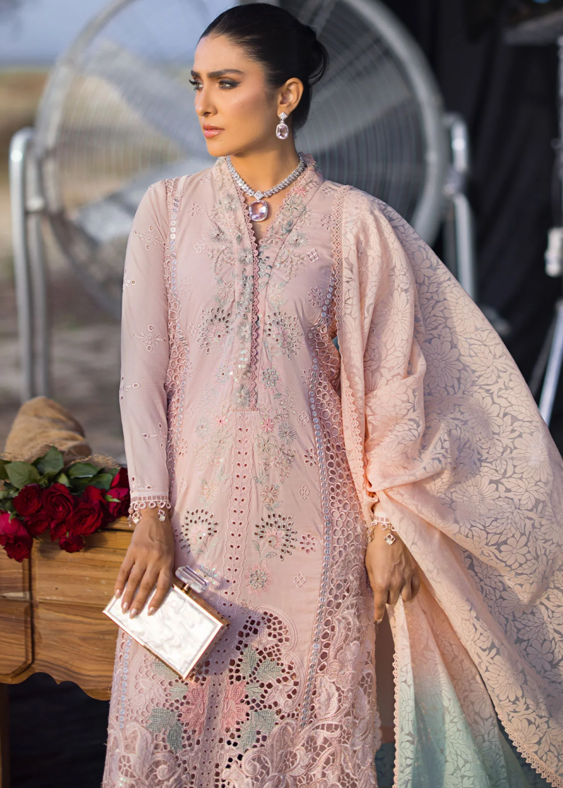Al Zohaib | Mahiymaan Luxury Lawn | Pink | Unstitched | Party wear | Digital printed silk dupatta | Rose Gold M-07