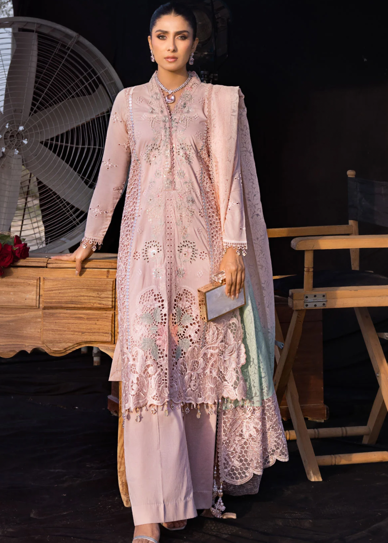 Al Zohaib | Mahiymaan Luxury Lawn | Pink | Unstitched | Party wear | Digital printed silk dupatta | Rose Gold M-07