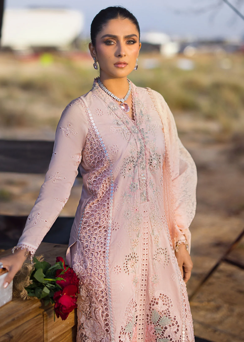 Al Zohaib | Mahiymaan Luxury Lawn | Pink | Unstitched | Party wear | Digital printed silk dupatta | Rose Gold M-07