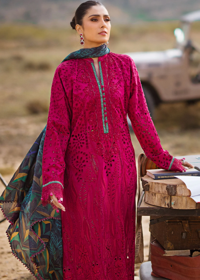 Al Zohaib | Mahiymaan Luxury Lawn | Magenta | Unstitched | Party wear | Digital printed silk dupatta | Regal Raspberry M-08