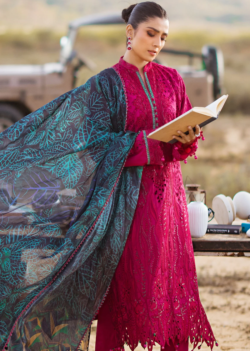 Al Zohaib | Mahiymaan Luxury Lawn | Magenta | Unstitched | Party wear | Digital printed silk dupatta | Regal Raspberry M-08