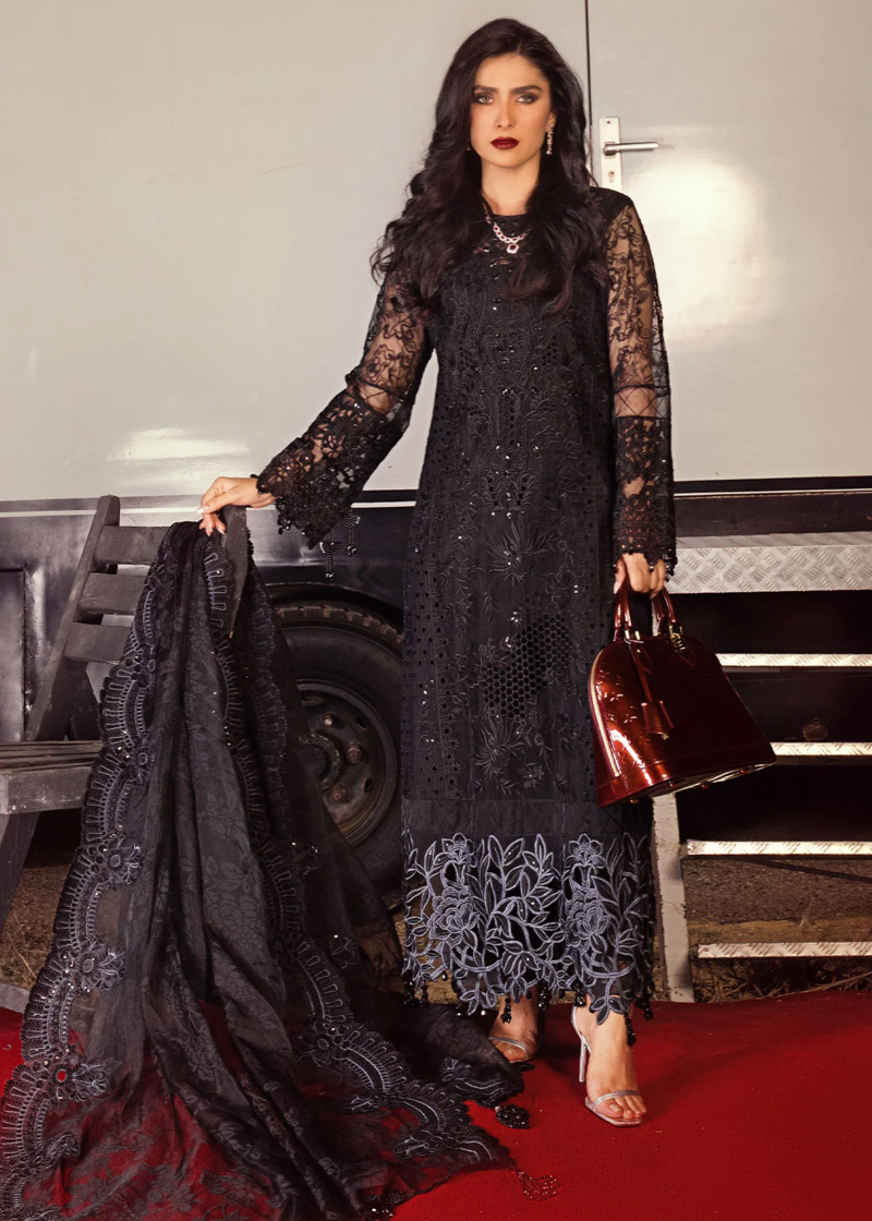 Al Zohaib | Mahiymaan Luxury Lawn | Black | Unstitched | Party wear | Digital printed silk dupatta | Midnight Majesty M-10