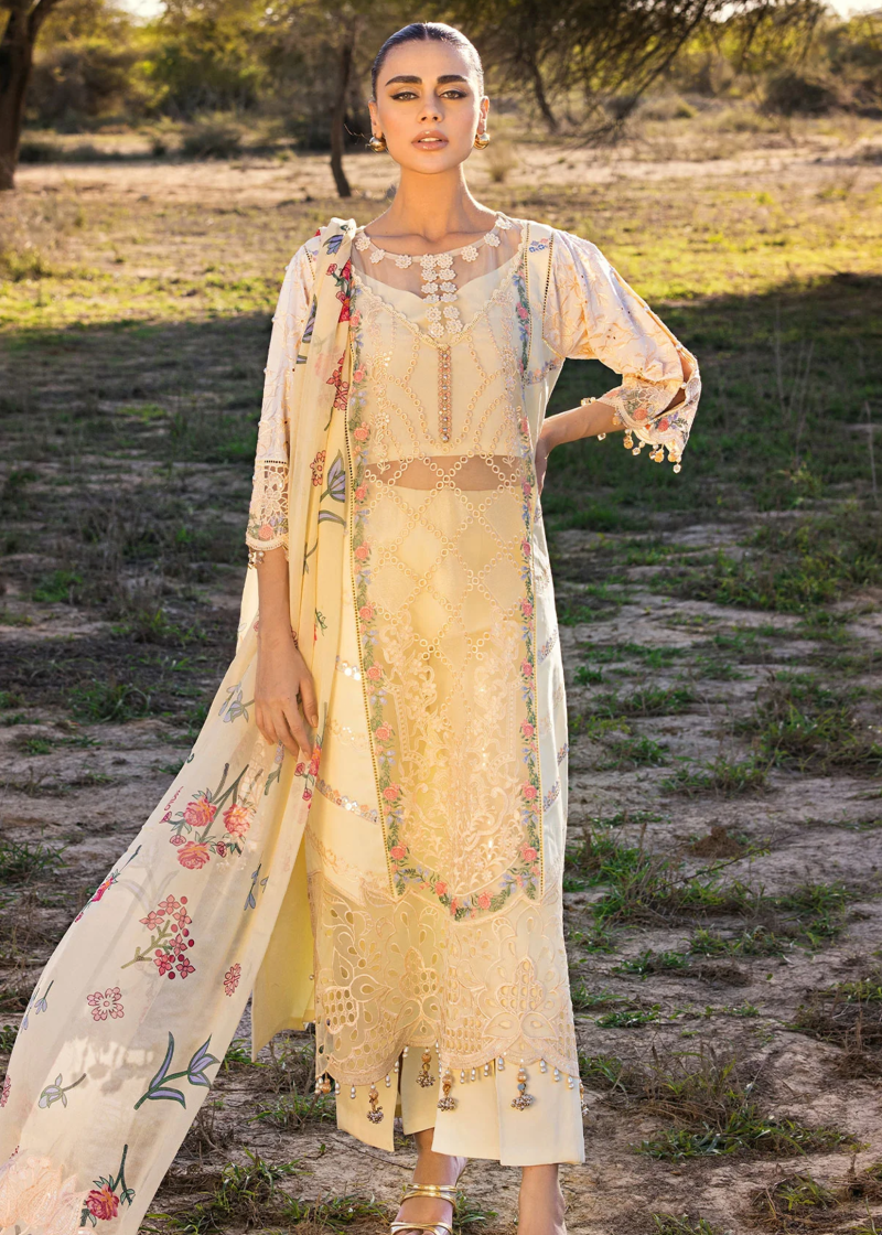 Al Zohaib | Mahiymaan Luxury Lawn | Light Yellow | Unstitched | Party wear | Digital printed silk dupatta | Lemon Delight M-12