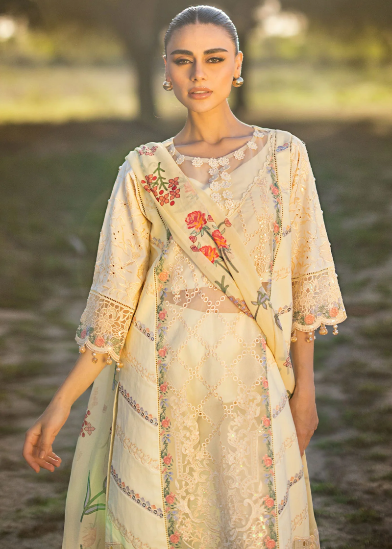 Al Zohaib | Mahiymaan Luxury Lawn | Light Yellow | Unstitched | Party wear | Digital printed silk dupatta | Lemon Delight M-12