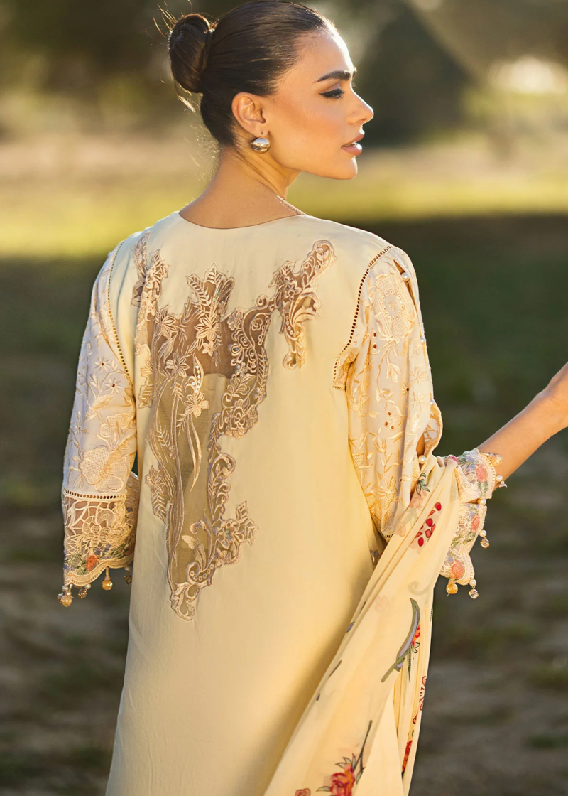 Al Zohaib | Mahiymaan Luxury Lawn | Light Yellow | Unstitched | Party wear | Digital printed silk dupatta | Lemon Delight M-12