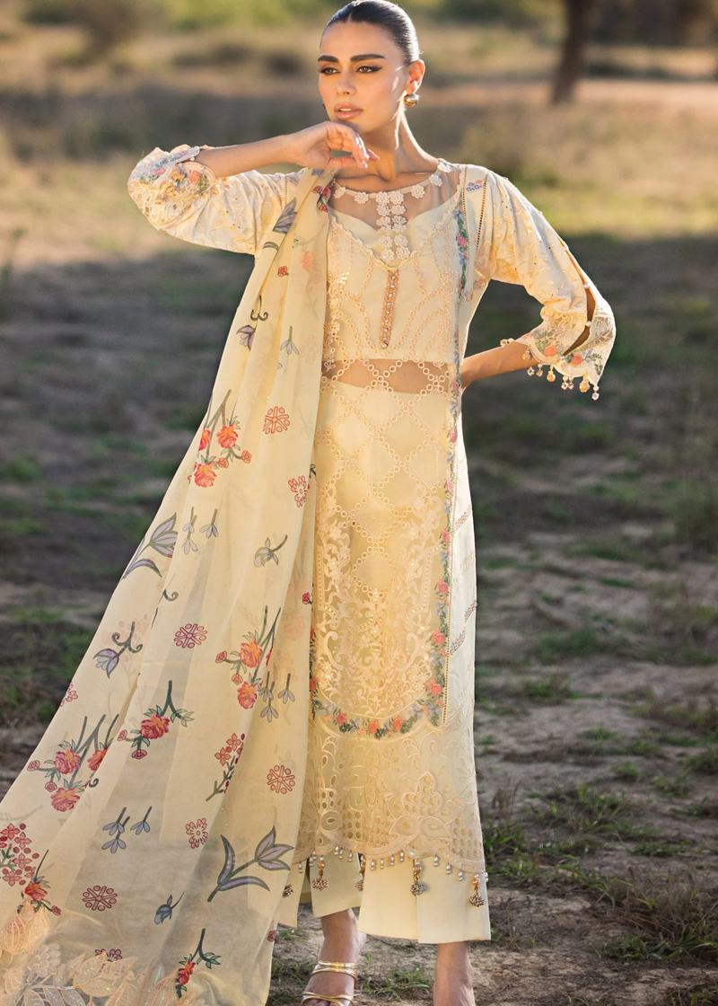Al Zohaib | Mahiymaan Luxury Lawn | Light Yellow | Unstitched | Party wear | Digital printed silk dupatta | Lemon Delight M-12