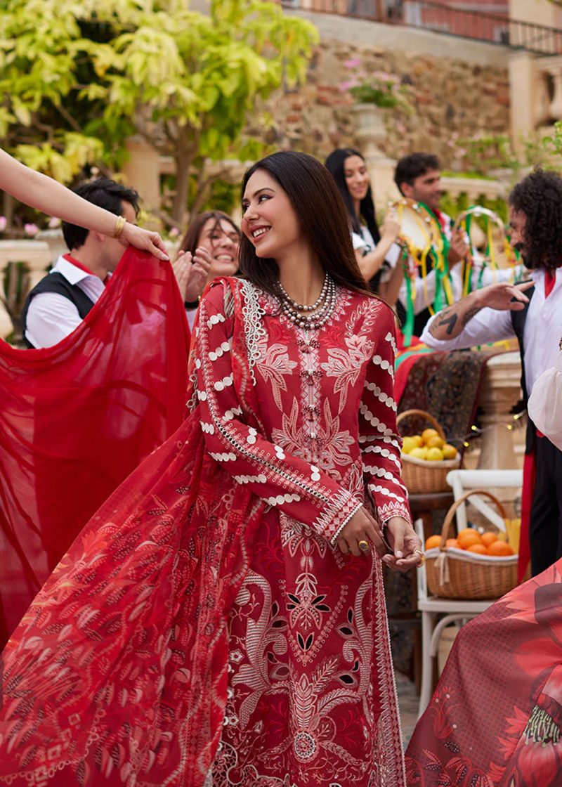 Mushq Luxury Lawn Te amo | Red | Unstitched | Party wear | Digital print pure chiffon dupatta | Amore Affair MSL2401