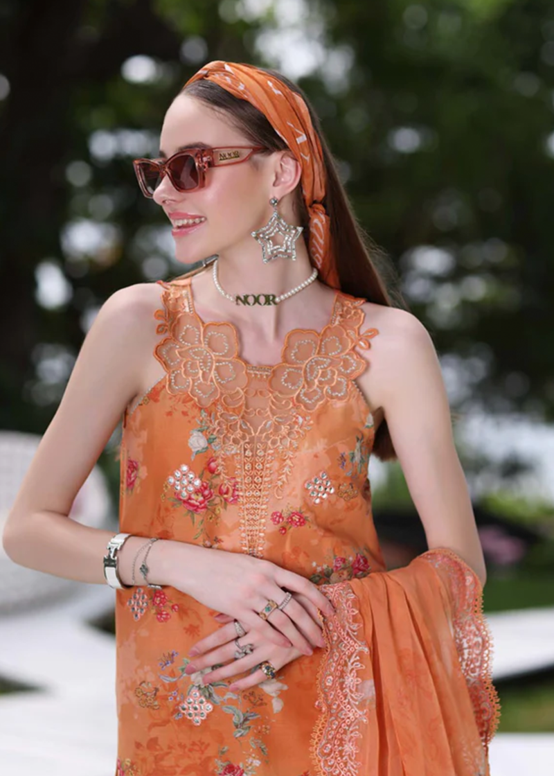 Noor By Saadia Noor Luxe Print Kari | Orange | Unstitched | Party Wear | Digital printed chiffon dupatta | D4A