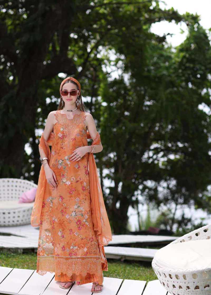 Noor By Saadia Noor Luxe Print Kari | Orange | Unstitched | Party Wear | Digital printed chiffon dupatta | D4A